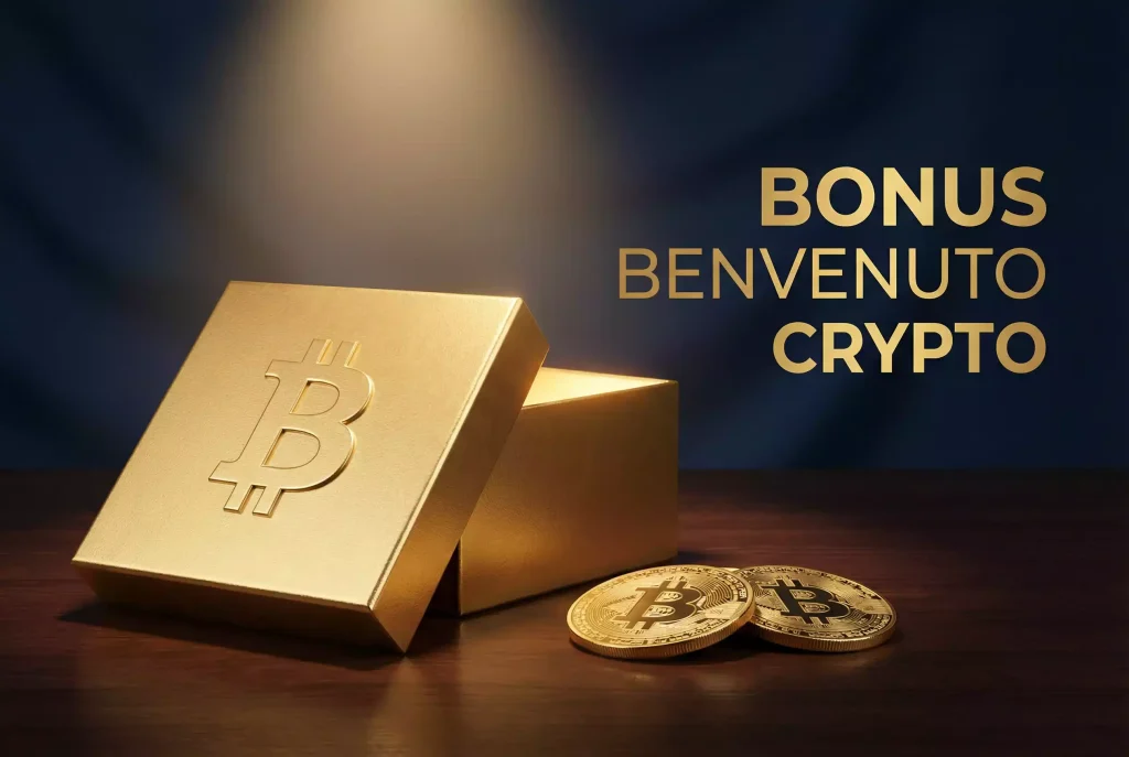 Bonus di benvenuto Bitcoin — pacchetto regalo dorato con simbolo BTC su sfondo scuro