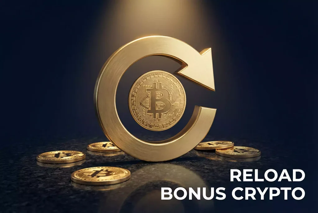 Bonus ricarica Bitcoin — simbolo di ricarica circolare con moneta BTC su sfondo scuro