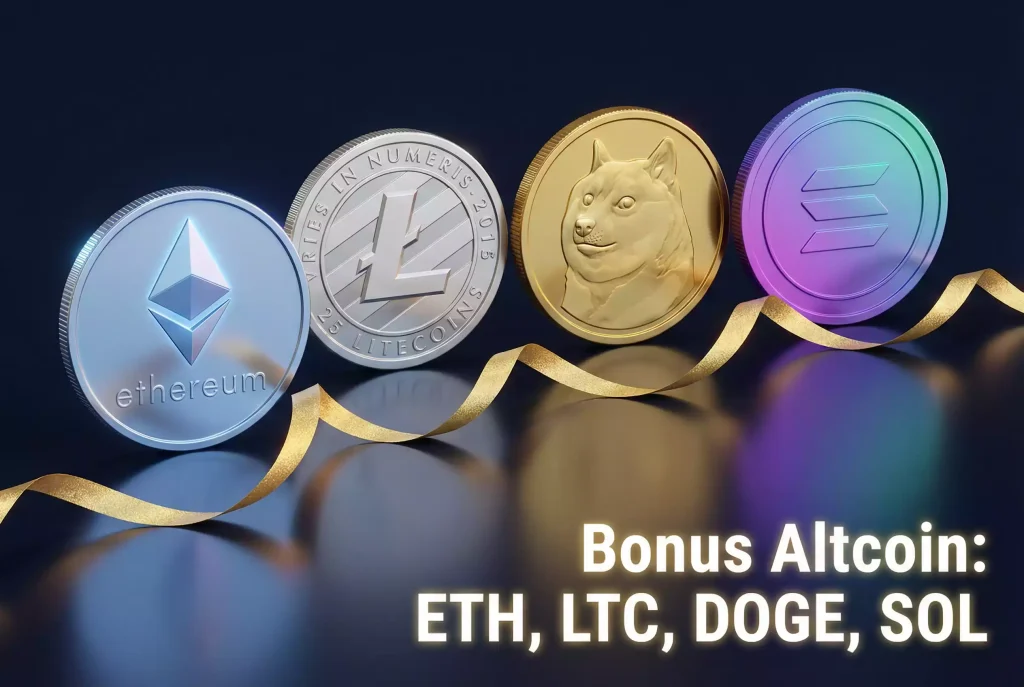 Bonus scommesse altcoin — monete crypto colorate ETH LTC DOGE SOL su sfondo scuro