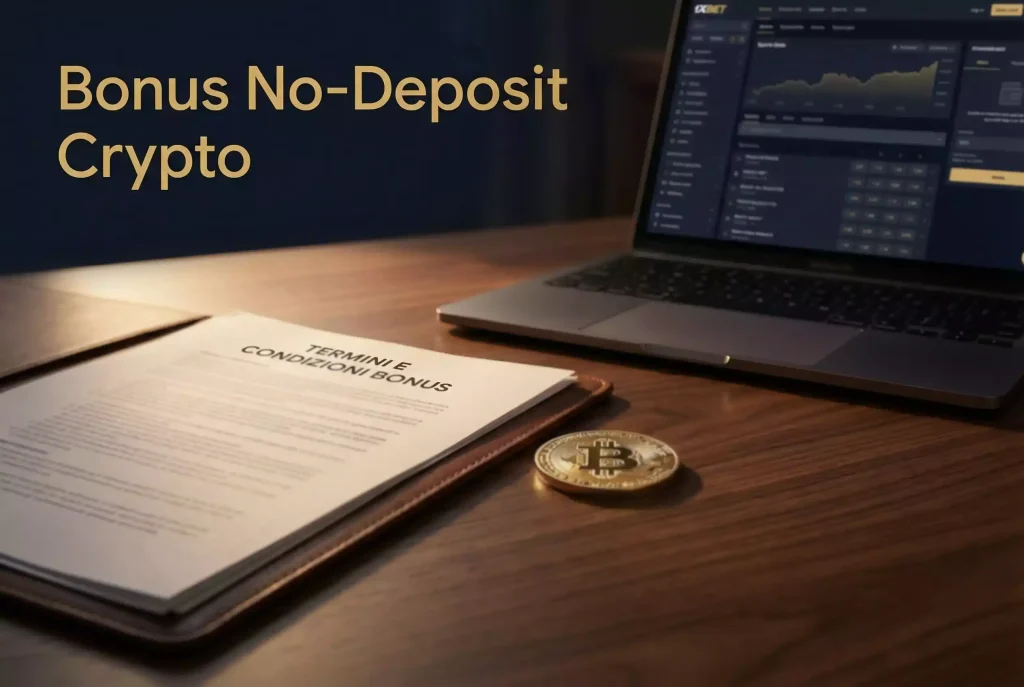 Bonus senza deposito Bitcoin — moneta BTC dorata su un tavolo con documento di condizioni bonus