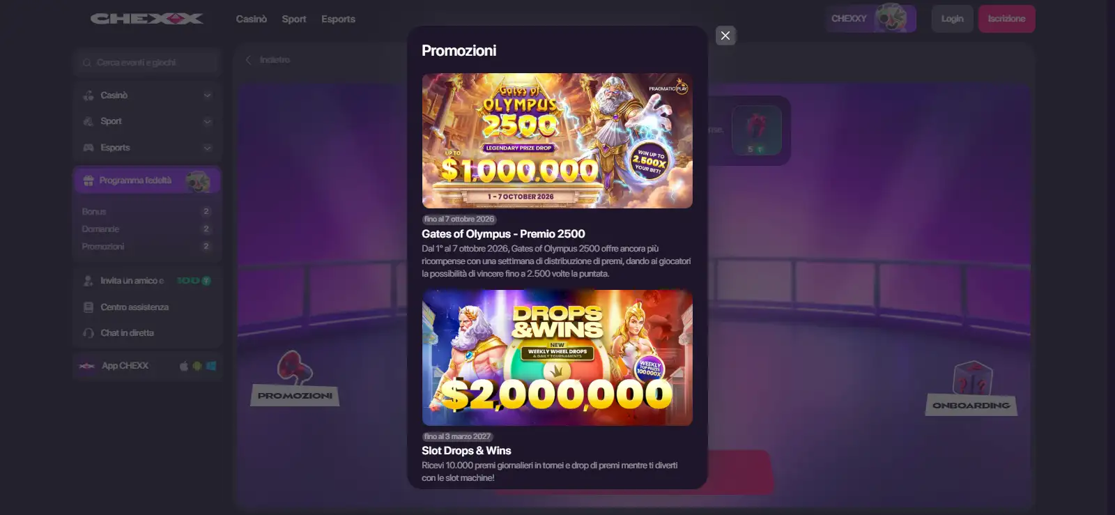 Tre livelli del bonus CHEXX con percentuali e giri gratis