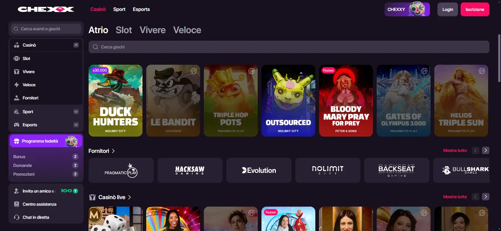 Lobby CHEXX con categorie casinò, filtri e griglia dei giochi