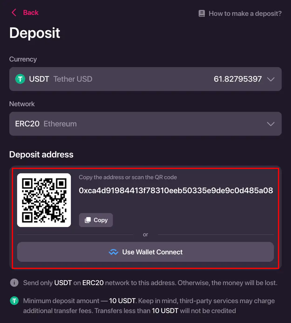 Finestra di deposito CHEXX con criptovaluta, rete e indirizzo del portafoglio