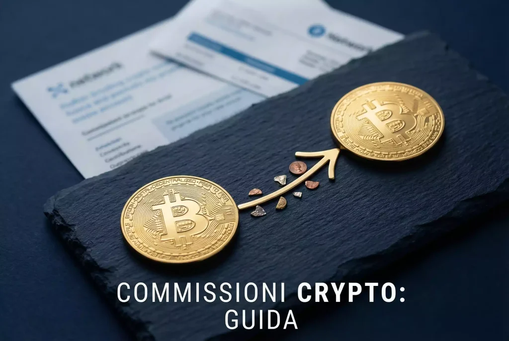 Commissioni crypto scommesse — monete BTC con frecce di trasferimento e piccoli simboli di fee