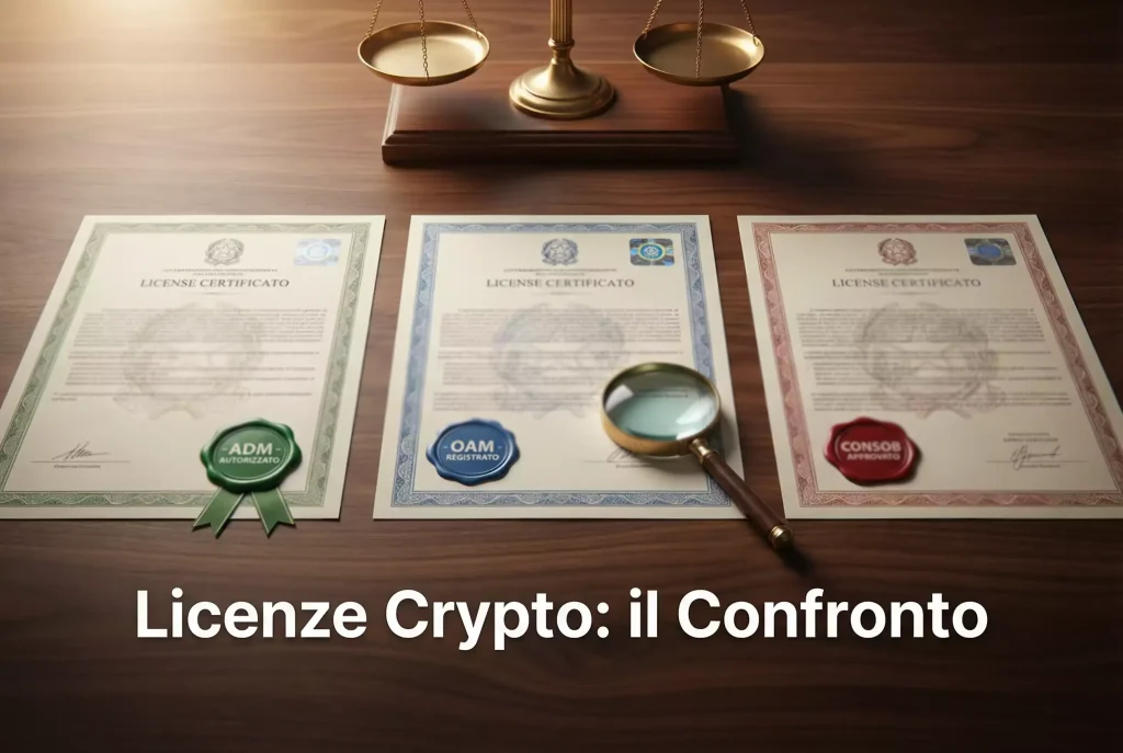 Confronto licenze gambling crypto — tre certificati di licenza con bandiere diverse su scrivania
