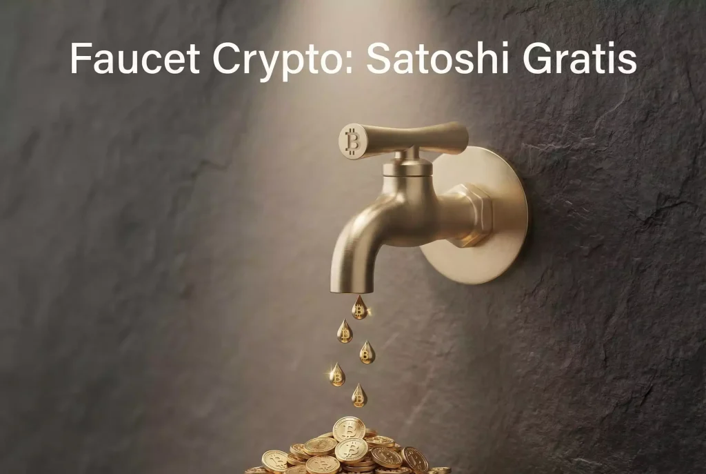 Crypto faucet — rubinetto stilizzato che gocciola piccole monete Bitcoin dorate su sfondo scuro