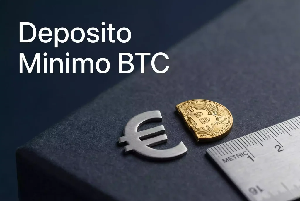 Deposito minimo Bitcoin — piccola porzione di moneta BTC accanto a segno € su sfondo scuro