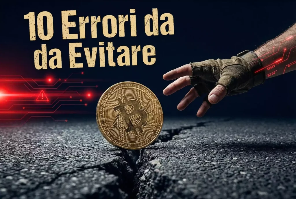Errori comuni scommesse Bitcoin — moneta BTC che cade in una crepa su superficie scura
