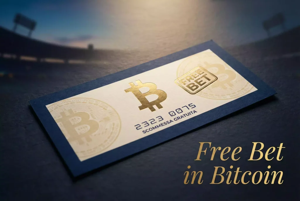 Free bet Bitcoin — coupon di scommessa gratuita con simbolo BTC su sfondo scuro