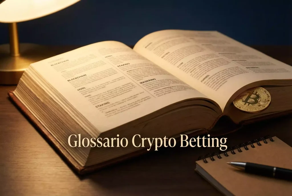 Glossario scommesse crypto — libro aperto con termini crypto e scommesse su sfondo scuro