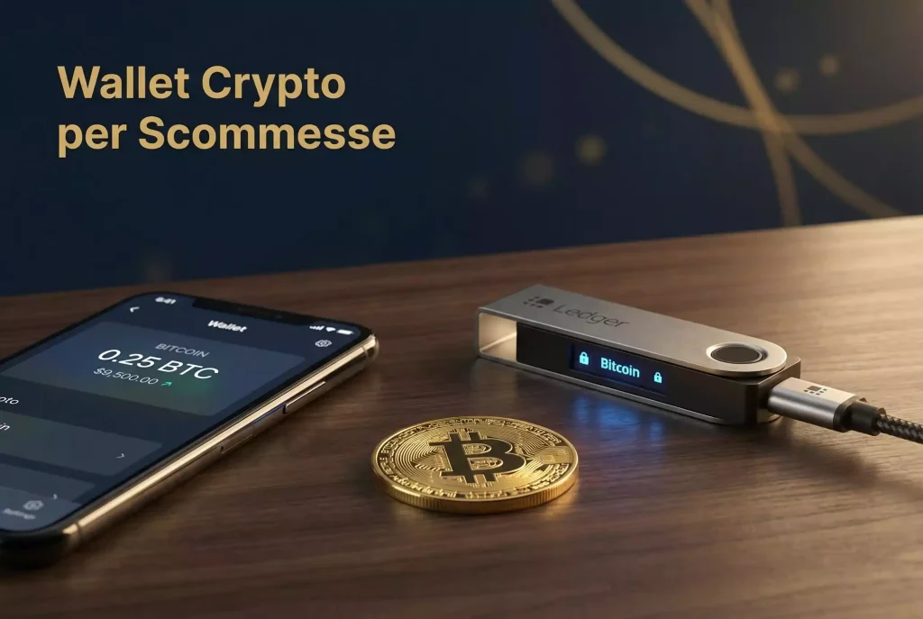 Migliori wallet crypto per scommesse — smartphone e hardware wallet su scrivania con moneta Bitcoin