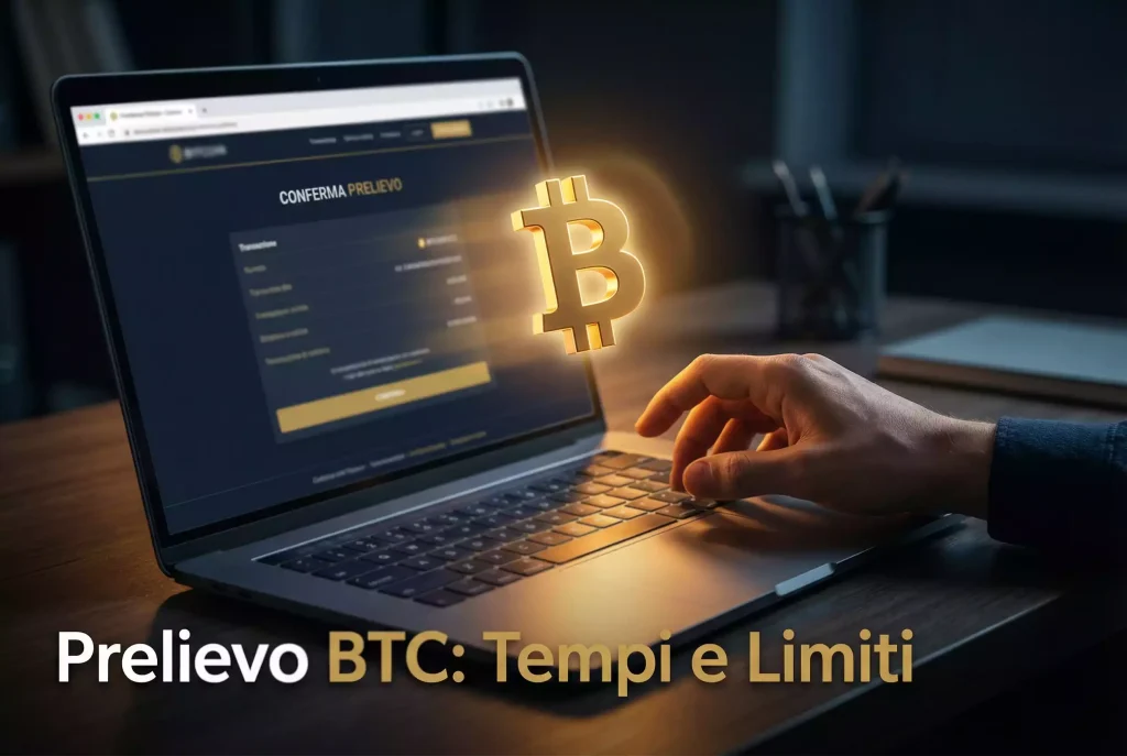 Prelevare vincite Bitcoin — mano che riceve moneta BTC dorata da uno schermo di laptop