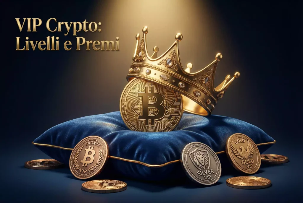 Programmi VIP crypto scommesse — corona dorata su moneta Bitcoin con sfondo scuro elegante