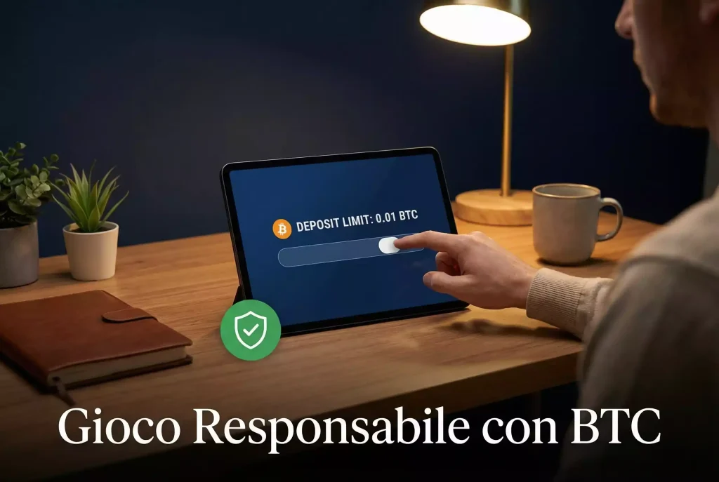 Gioco responsabile scommesse Bitcoin — mano che regola un cursore di limite su schermo con simbolo BTC