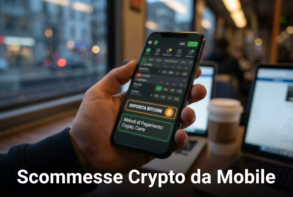 Scommesse Bitcoin da mobile — mano che tiene smartphone con app scommesse crypto aperta