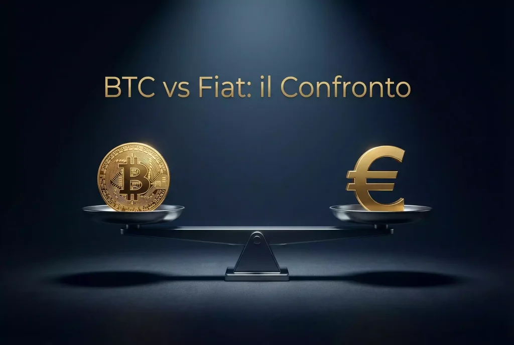 Scommesse Bitcoin vs tradizionali — moneta BTC e simbolo € su bilancia in equilibrio