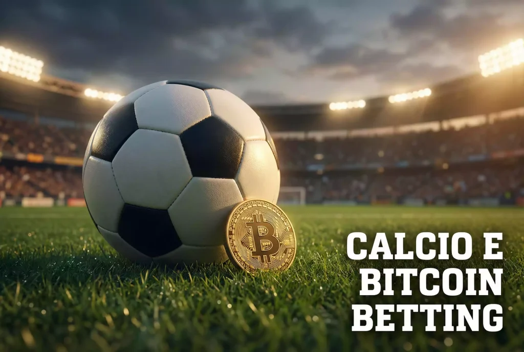 Scommesse calcio con Bitcoin — pallone da calcio su campo in erba con moneta BTC dorata accanto