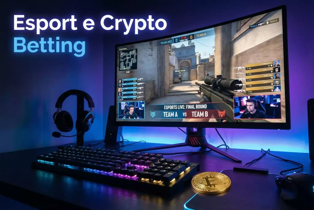 Scommesse esport con Bitcoin — postazione gaming con monitor che mostra torneo CS2 e moneta BTC