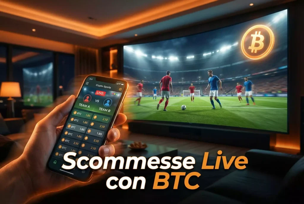 Scommesse live con Bitcoin — schermo con partita di calcio in diretta e logo BTC nell
