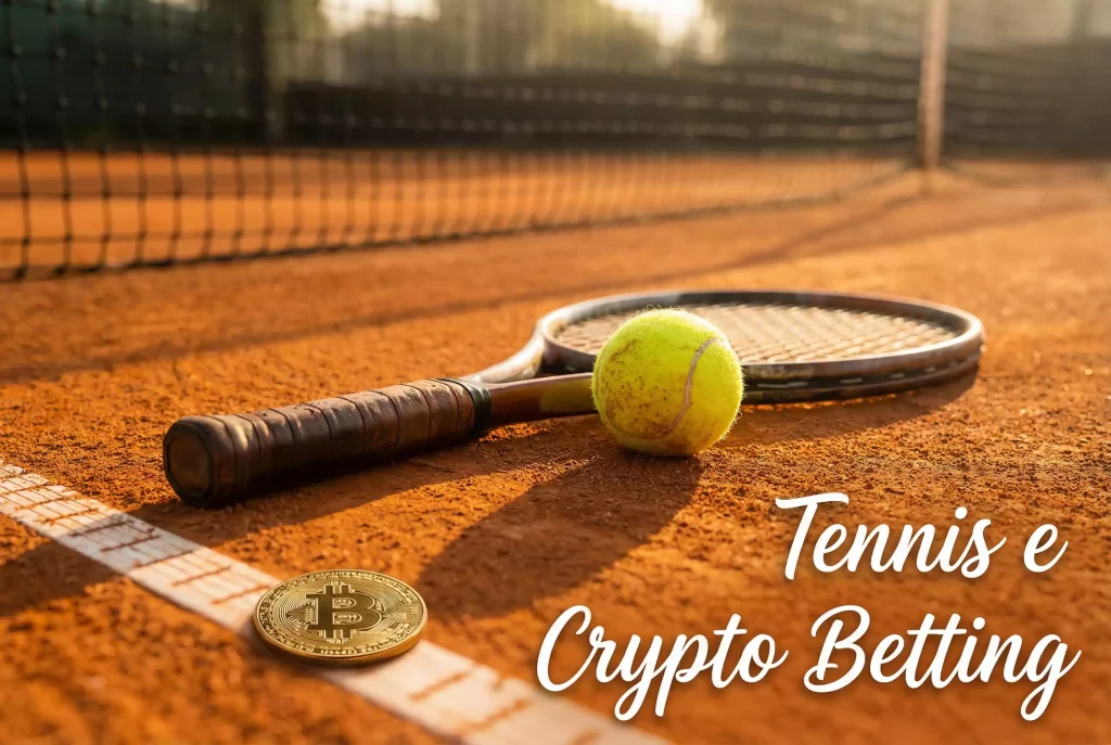 Scommesse tennis con Bitcoin — racchetta e pallina da tennis su campo in terra battuta con logo BTC