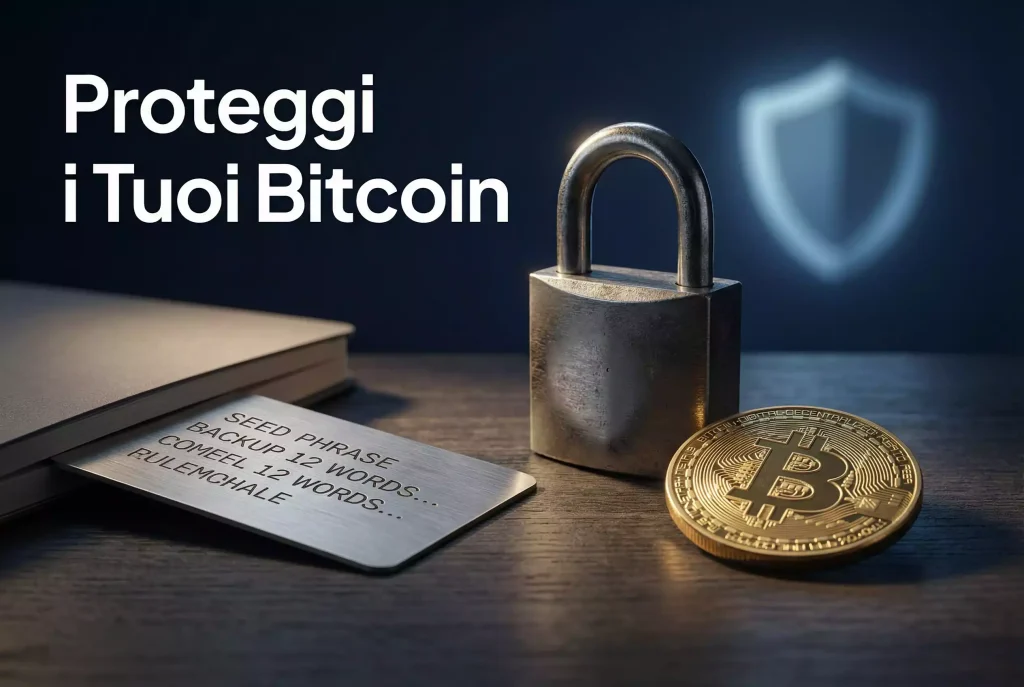 Sicurezza scommesse Bitcoin — lucchetto metallico chiuso accanto a moneta BTC e chiave seed phrase
