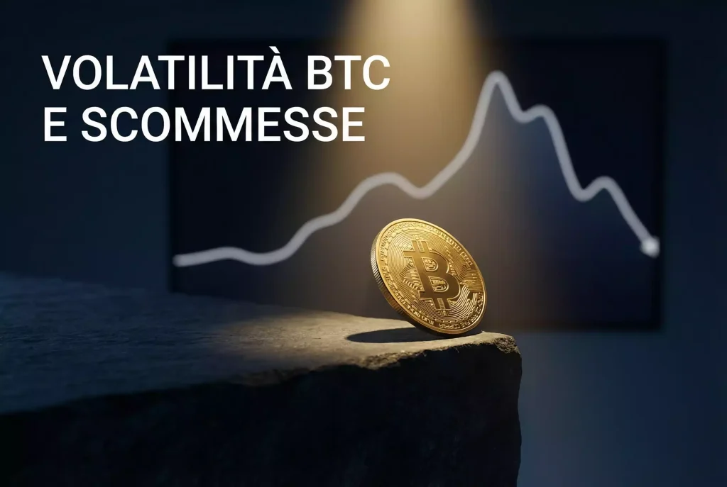 Volatilità Bitcoin e scommesse — moneta BTC in bilico su un bordo con sfondo di grafico lineare sfocato